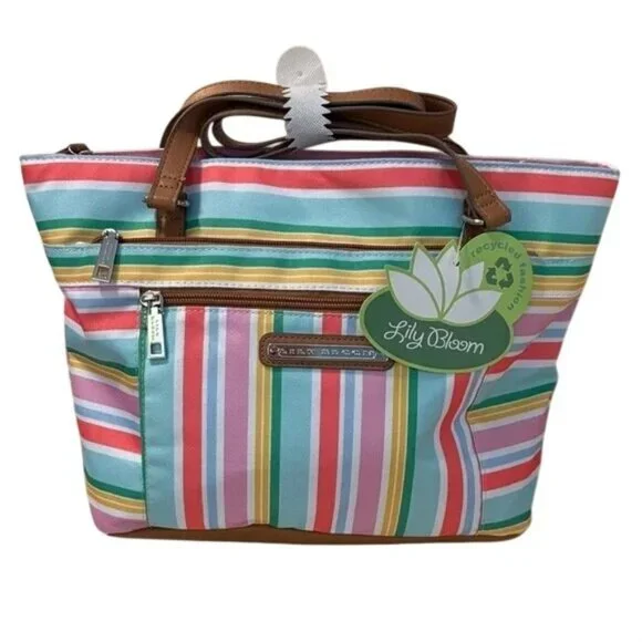 Lily Bloom Striped Tote Bag Recycled Material Multicolor With Brown Handles & Fl - Picture 1 of 8